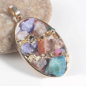Oval Natural Rainbow Quartz Durzy Fire Agate Gems Yellow Gold Plated Pendants - Picture 1 of 3