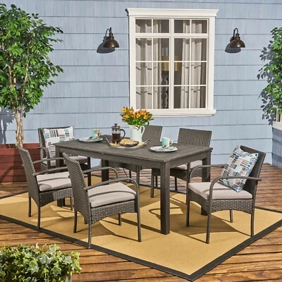 Elis Outdoor 7 Piece Wood and Wicker Expandable Dining Set - Image 1 of 4