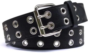 Double Grommet Punk Leather Belt Unisex 28"-38" waist adjust, Black - Picture 1 of 7