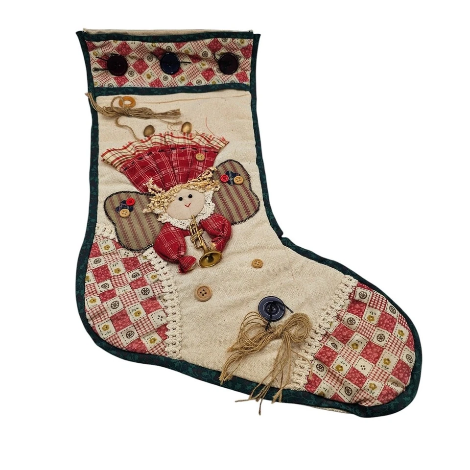 Vintage quilted style Christmas Stocking applique Buttons angel 21" large - Image 1 of 3