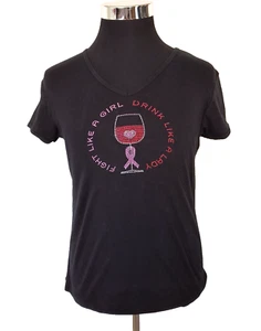 Camiseta Chris's Stuff Juniors Talla X-Grande Negra con Estrás Rosa Copa de Vino - Imagen 1 de 18