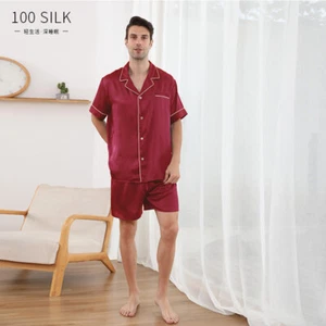 2pcs Pajama Set Mens 100% Mulberry Silk Short Sleeve Tops Shorts Pants Sleepwear - Picture 1 of 29