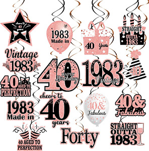 36PCS 40Th Birthday Decorations for Women Rose Gold Vintage 1983 Hanging Swirls 