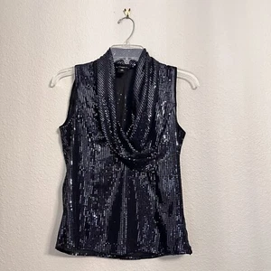 Top donna Ann Taylor Petite 00P nero paillettes senza maniche trasparente collo cappuccio cerniera - Foto 1 di 18