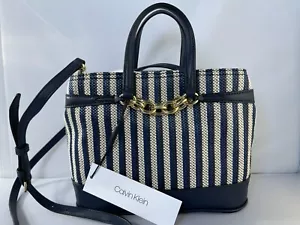 Calvin Klein Evelyn Daytona Mini Satchel Tote Bag Navy Blue Canvas Leather Gold - Picture 1 of 8