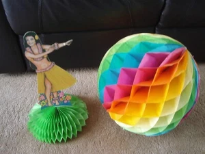 Vintage 2 Pcs. The Beistle co. Hula Girl, & Ball Honeycomb Cardboard Cut Outs - Picture 1 of 4