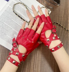 Half Finger Pu Leather Gloves Women Rock Punk Style Fingerless Rivet Mittens - Picture 1 of 15