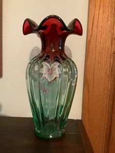 Fenton Hand Blown Art Glass Rubina Verde Melon Vase with Dragonfly - Picture 1 of 13