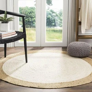 Rug Round Jute Hand Woven Farmhouse Jute Door Mat Area Rug Boho Rug White Beige - Picture 1 of 5