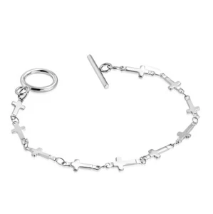 Stainless Steel Silver-Tone Cross Religious Link Bracelet Toggle Clasp - Picture 1 of 3