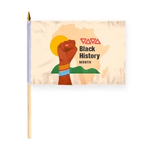 Premium Handheld Black History Month Stick Flags 12"x18" In Wood Stick Spear Top - Picture 1 of 6