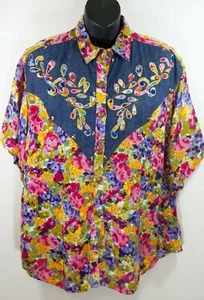 Vintage Floral Denim Jean Sequin Jeweled Shirt Blouse M Medium Pretty Bleu Loud - Picture 1 of 3