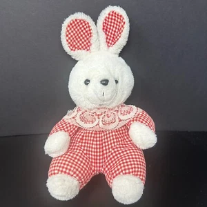 Vintage White Bunny Rabbit Plush 12" Stuffed Animal Red Gingham Check Lace - Picture 1 of 9