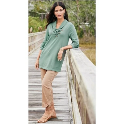 NWT Soft Surroundings Pants Straight Relaxed Ankle Crop Roll Tab Sesame Khaki M - Image 1 of 4