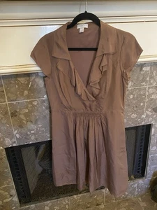 Ann Taylor Loft Petites 100% Silk Dress Brown Soft Ruffled Lined Sz 8P - Picture 1 of 11