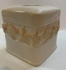 Seashell BEACH FRONT Tissue Box Embossed Fluted Ceramic Coastal Ocean JC Penney - Picture 1 of 15