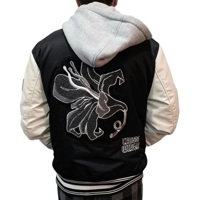 ZARA Black Varsity Bomber Jacket Medium Graphic Embroidered Patch Leather Hoodie - Image 1 of 4