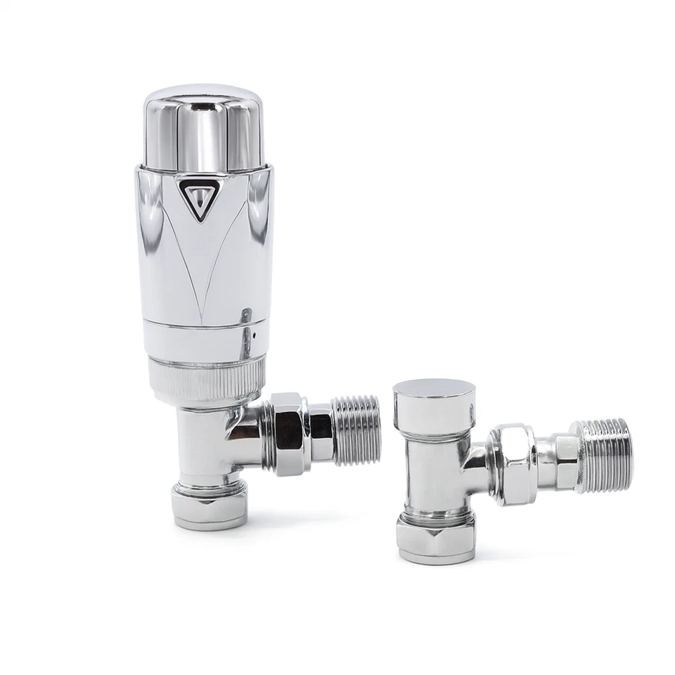 15/10mm A Rated TRV Angle Twin Pack - Chrome Thermostatic Radiator Valve Set - Image 1 of 1