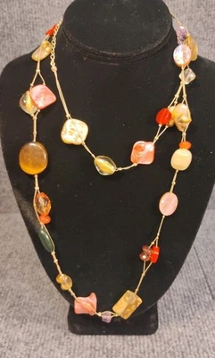 Vtg Lia Sophia Shells Tiger Eye Green Jasper Glass On Gold Tone Necklace 40" - Image 1 of 4