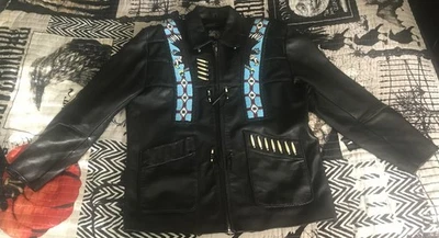 ***Chaqueta de moto Leather Gallery MODIFICADA negra con flecos con cuentas TALLA APROXIMADA XL Foto 1 de 4