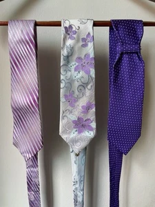 Set of 3 Silk Ties – Purple – Striped, Polka Dots & Floral – Brand New - Picture 1 of 16