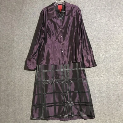Vintage Y2K JS Collections Blouse Skirt Set Womens 16 Purple Black Plaid Satin - Image 1 of 4