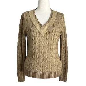 VTG Ralph Lauren Active Women's Cable Knit Sweater Long Sleeve Gold Metallic L - Picture 1 of 8