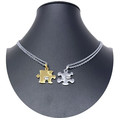 Puzzle Cuore Argen Oro Ciondolo Spezzato 2x Collana Acciaio Uomo Donna Amici A27 - Immagine 1 di 3