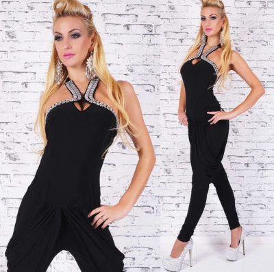 Damen Overall Einteiler Catsuit Jumpsuit Neckholder Schmucksteine Hosenanzug - Bild 1 von 4