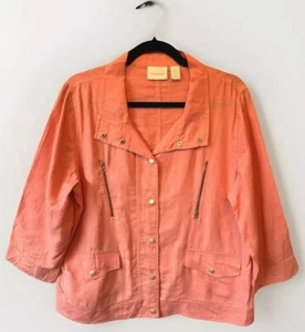 Chico’s Jacket Women’s Size 2 Large 100% Linen Lightweight Snap Front Orange - Picture 1 of 11