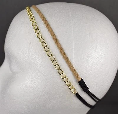 Gold chain link headband Lt Brown faux leather braid thin skinny narrow 2 pack - Image 1 of 4