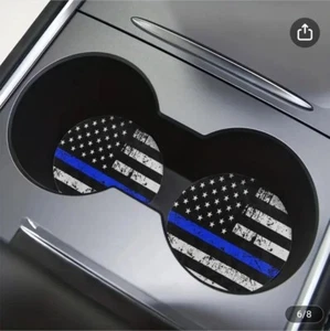 Car Cupholder Coaster Absorbent 2 Pack Blue Line Police Coasters - Picture 1 of 4