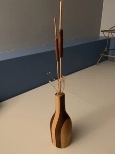 Vintage Teak Wood Vase - Segmented Mid Century Danish Cattail Insert - Picture 1 of 6