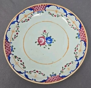 Chinese Export Hand Painted Pink & Blue Rose 8 3/4 Inch Plate C. 1820-1850 #4 - Picture 1 of 10