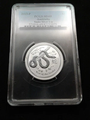 2013-P 2 oz .999 Fine Silver Australian Lunar Snake PCGS MS69 - Population 3 - Image 1 of 2