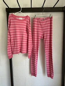 EUC Hanna Andersson PINK Stripes Pajamas SIZE 150 US 12 Long Johns Excellent - Picture 1 of 7