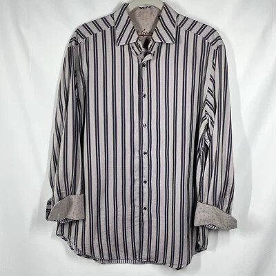 Robert Graham L Purple Gray Black Stripe Mini Paisley Flip Cuff Button Up Shirt - Image 1 of 4