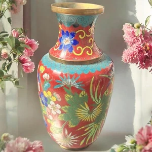 Vintage Chinese Cloisonne Bud Vase On Copper Floral Handmade Marked China As Is - Picture 1 of 10