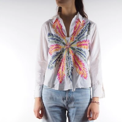 Roberto Cavalli 复古女式白色花卉刺绣衬衫上衣 S 小号 — 第 1/4 张图片