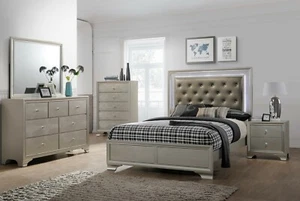4pc Queen Size Fabric Upholstery Headboard Bed Dresser Mirror Nightstand Set - Picture 1 of 10