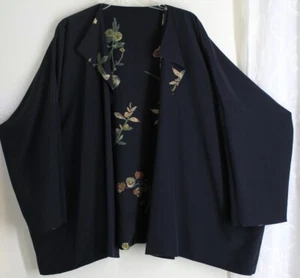 New Eskandar O/S 1 32"L Heavy Black Silk DOUBLE FACE REVERSIBLE Floral Jacket - Picture 1 of 12