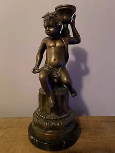 More details for very old bronze seated cherub marble base 