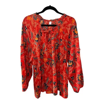 Old Navy XXL Red Floral Blouse Long Sleeve Lace Up Neckline Women - Image 1 of 4