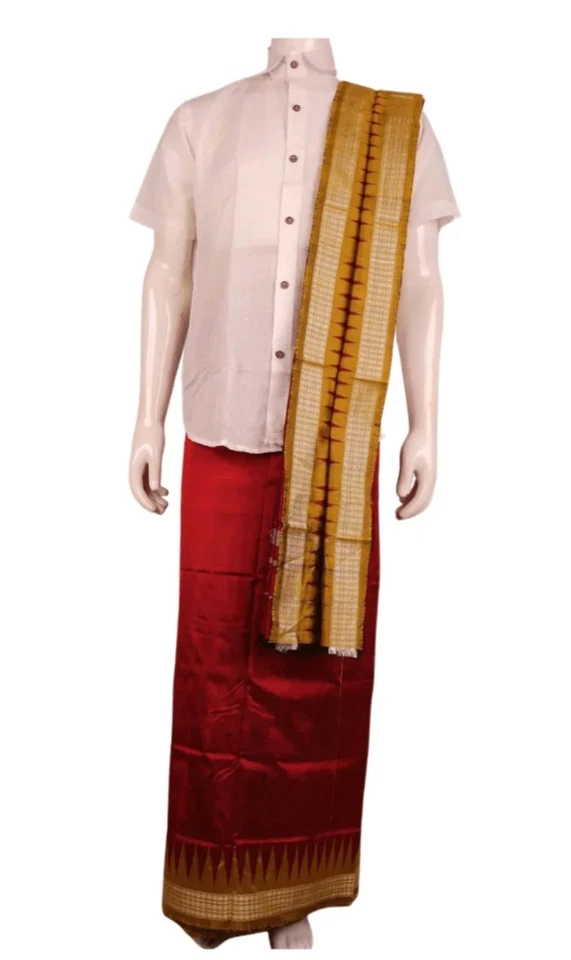 Handmade Sambalpuri Pata Silk Dhoti with Utari for Men - Image 1 of 4