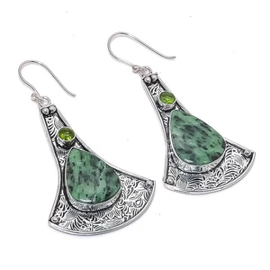Ruby Zosite, Peridot Gemstone 925 Sterling Silver Jewelry Earring 2.68" - Picture 1 of 5
