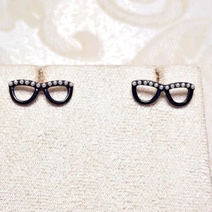 VINTAGE 90s Y2K CAT EYE GLASSES EARRINGS — BLACK PLASTIC W/ FAUX PEARLS, PIERCED - Picture 1 of 5