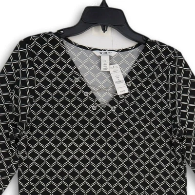 NUEVO CON ETIQUETAS WHBM Vestido Para Mujer Blanco Negro Geo Manga 3/4 Con Cordones Cuello en V Talla M Foto 1 de 3