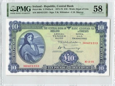 IRELAND 10 Pounds 1975, P-66c, Central Bank, PMG 58 About UNC, Large & Pretty - Image 1 of 2