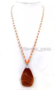 SALE White 6mm Round Natural crystal & 40*60mm Agate pendant 20" necklace-5961 - Picture 1 of 5