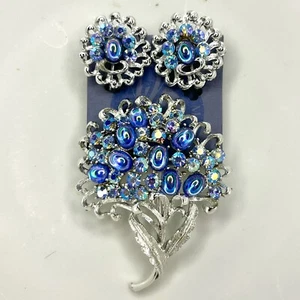CORO FAUX MOONSTONE PEACOCK AB RHINESTONE BROOCH PIN & CLIP EARRINGS SET VINTAGE - Picture 1 of 12